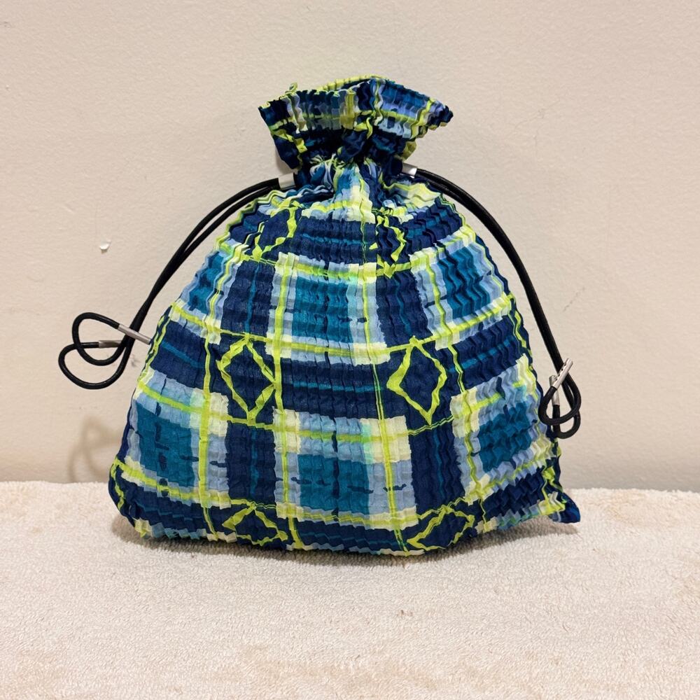 Issey Miyake Pleated Drawstring Pouch Bag Blue Green Plaid Small Made Japan